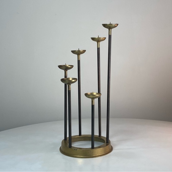 Vintage Mid Century Brass Copper Tiered Candlestick 6 Candle Holder Candelabra - Picture 2 of 13